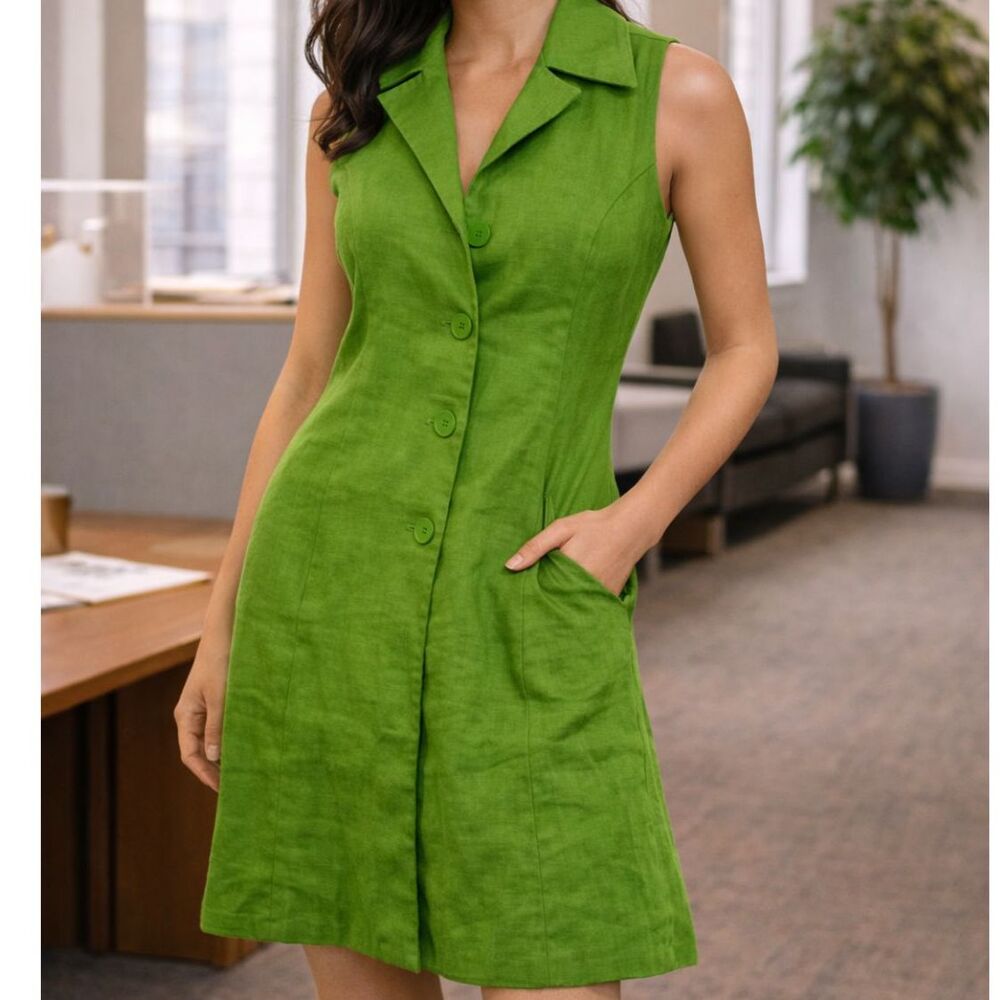 & Other Stories Lime Green Sleeveless Button-Front Linen Dress size EU 34